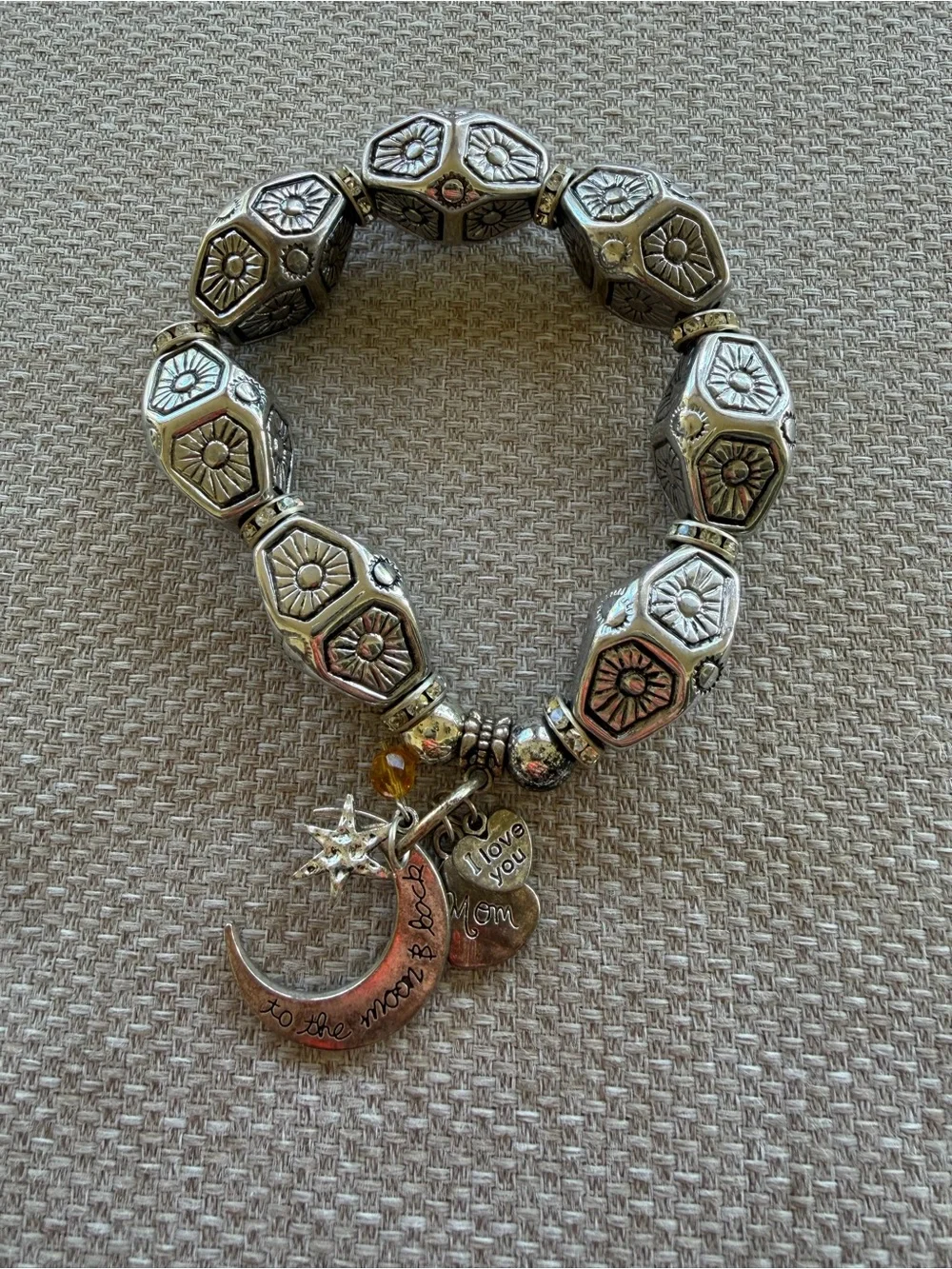 Multi Charm Beaded Bracelet Silver Beads Pave Crystal Spacers Mom Themed Charms